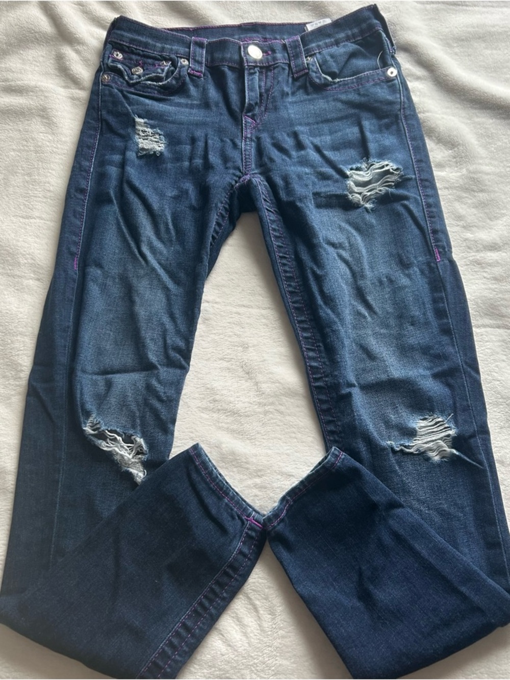 True Religion Vintage Low Rise Skinny Jeans with Purple Stitching